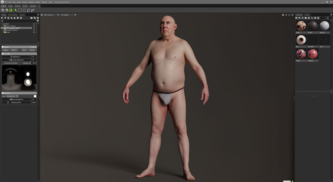 Marmoset Toolbag real-time render of a heavy-set male 3D body scan with PBR lighting and shading